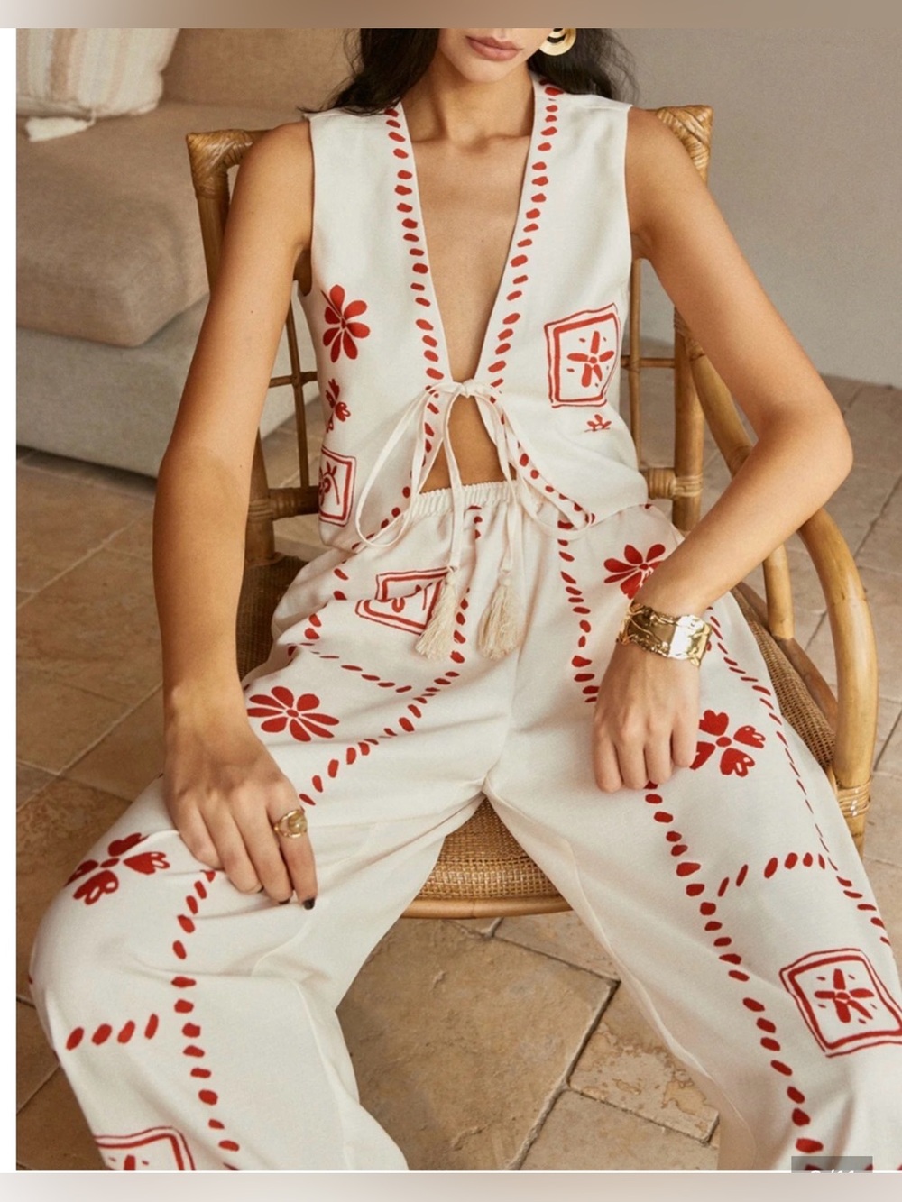 Grazia Cream Embroidered Wide-Leg Pants & vest with Red Floral Detail